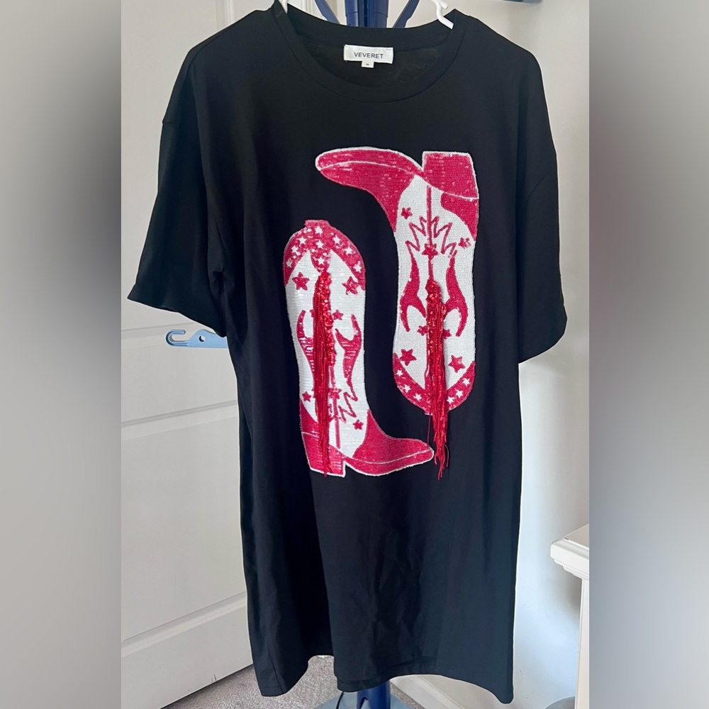 Black T-Shirt Dress with Red and White Cowboy Boot Design and Tassels